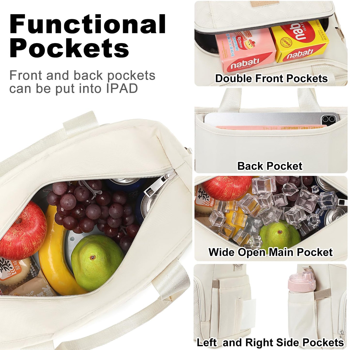 AIJIEKE Extra Large Lunch Bag for Women & Men, Insulated Leakproof Lunch Box for Work, Reusable Adult Lunch Tote with Shoulder Strap, Multi-Pocket Cooler Bag for Office, Picnic, Beach, Beige