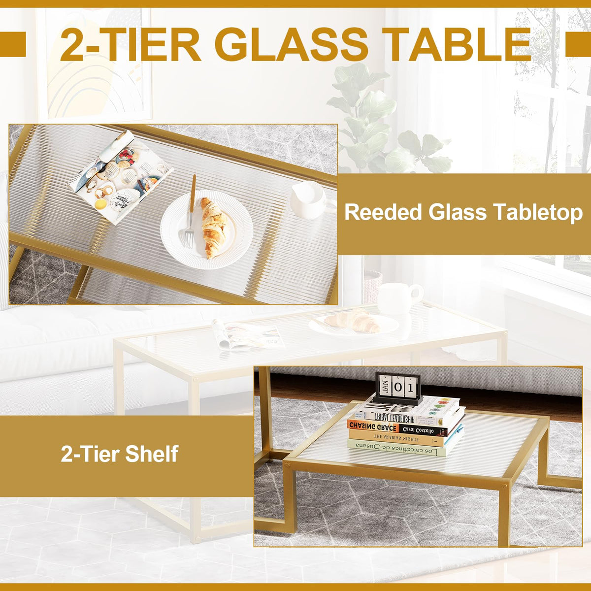Wolawu Coffee Table Gold Glass Coffee Table for Living Room,2 Tiers Rectangle Center Table with Ribbed Glass Top and Sturdy Metal Frame,Modern Glass Accent Table for Bedroom Home Office