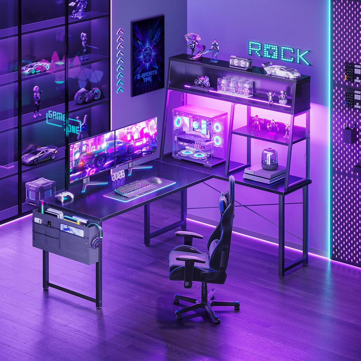 AODK L Shaped Gaming Desk with Led Lights, 51 Inch Reversible Gaming Computer Desk with Display Shelves, PC Gamer Desk Gamer Table with Storage Bag, L Desk for Game, Black
