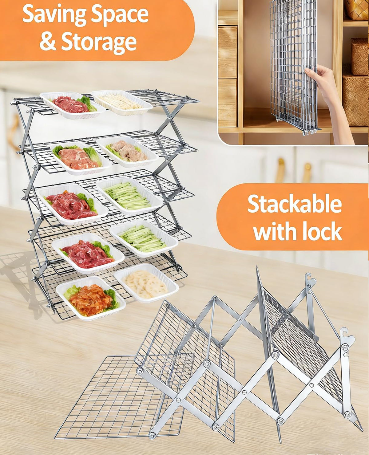 5 Tier Collapsible Cooling Rack, 2/3/4/5-Tier Upgraded,Adjustable ＆ Stackable Baking Rack, 5 Modes Cooling Racks for Cooking and Baking, Roasting ＆ Grilling Gifts for Picnic Party