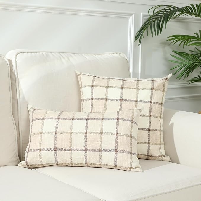 Stellhome Pack of 2 Fall Lumbar Linen Buffalo Check Throw Pillow Covers Autumn