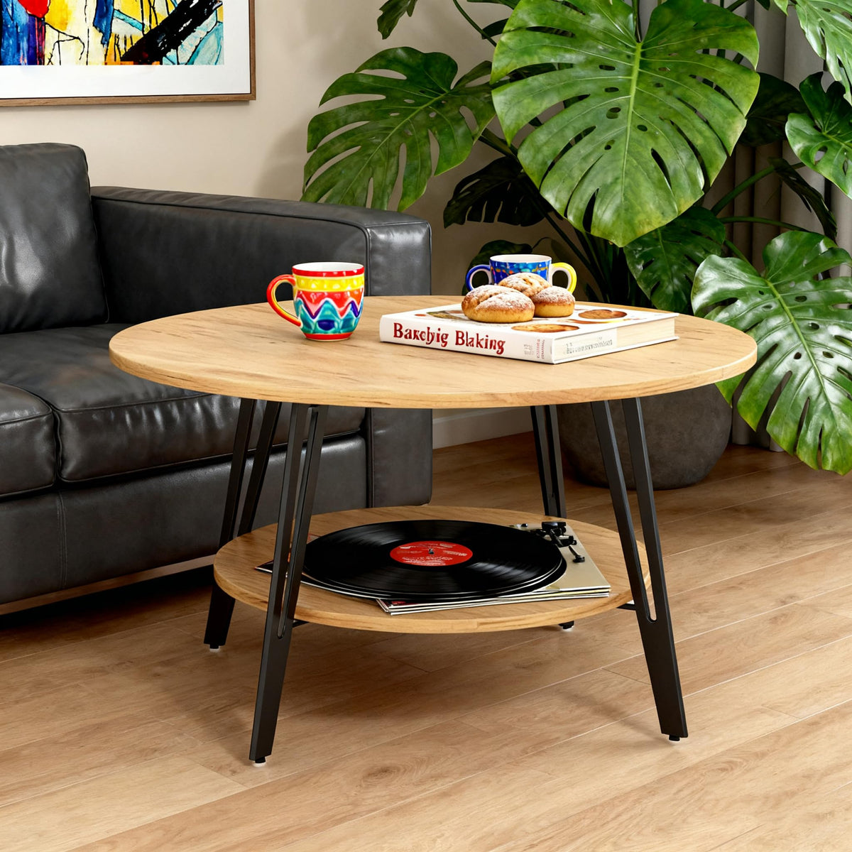 Manora Round Coffee Table with Storage, Small Circle Center Table for Living Room, Modern Wood Coffee Table for Home Office & Small Spaces, Easy Assembly, Oak
