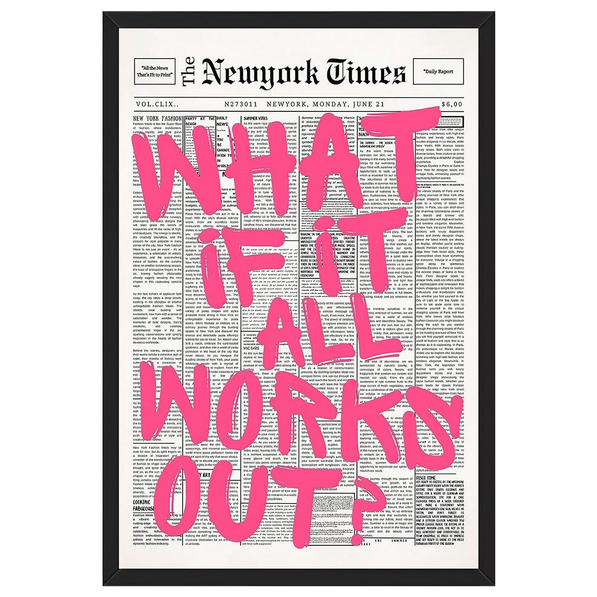 Balsuka Black Framed Trendy Newspaper Canvas Wall Decor Pink What If All Works Out Positive Affirmation Quote Wall Art Motivational Poster Print Painting for Bedroom Living Room Office 8x12inch