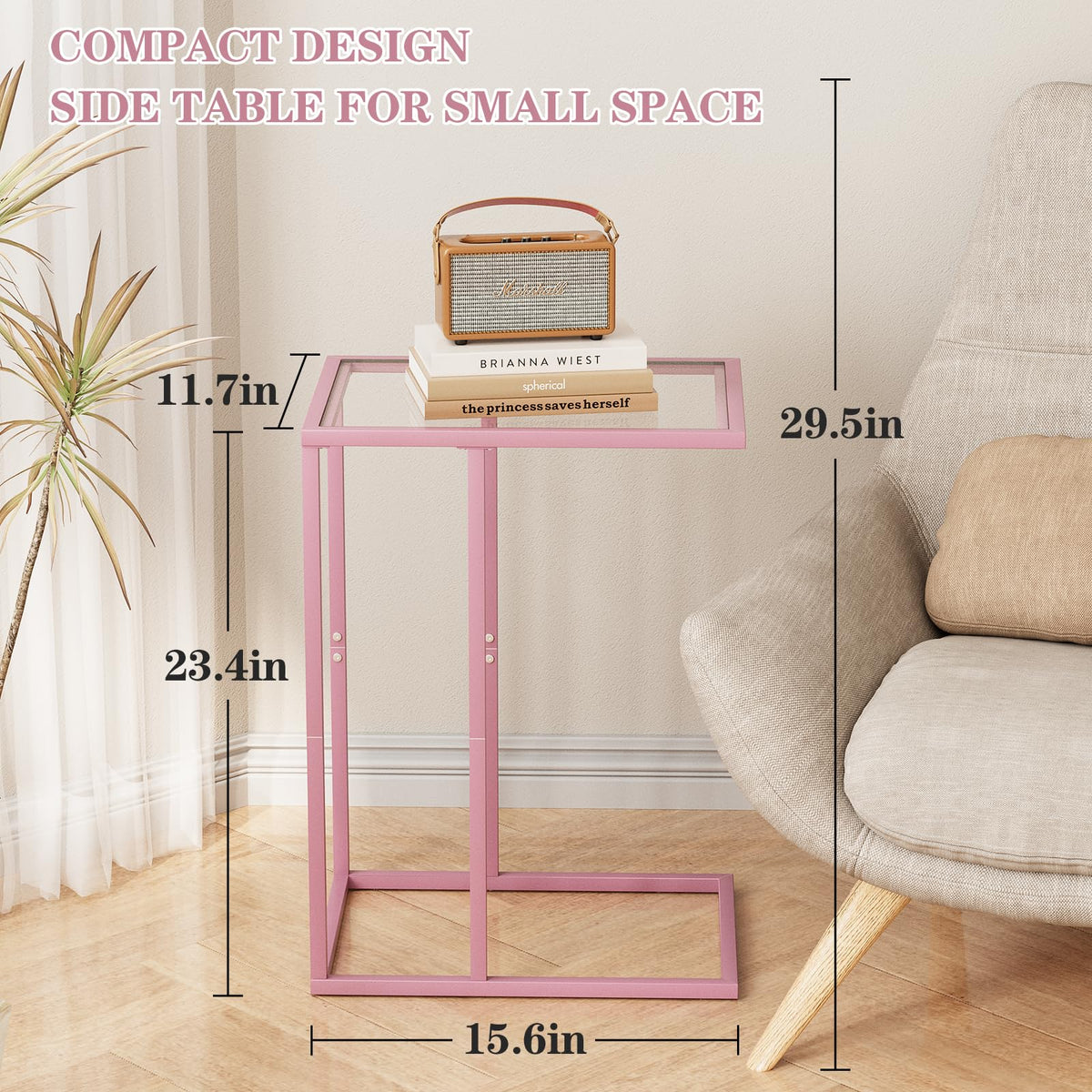 C Shaped End Table, Side End Tables for Living Room,Glass Sofa Couch Table with Metal Frame, Small Tv Tray Snack Dinner Table for Bedroom, Small Spaces, Easy Assembly (Pink)