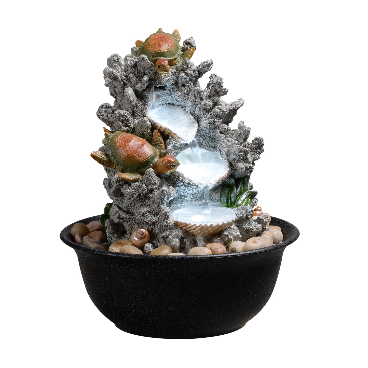 Indoor Tabletop Turtle Water Fountain with LED Light – Coastal Sea Life Desk Waterfall Feature with Soothing Sounds and River Rocks, Ocean Zen Decor for Home Office