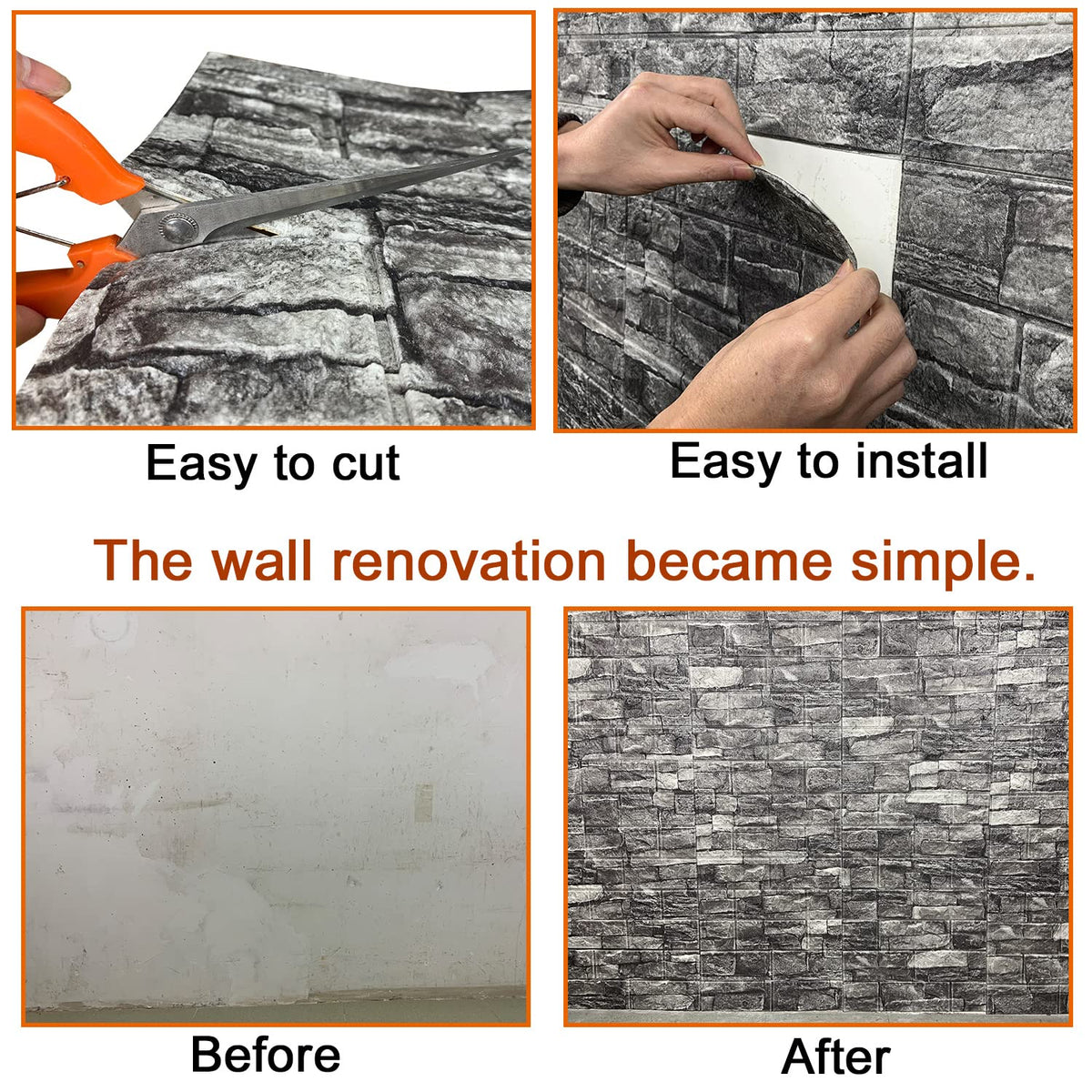 10PCS 3D Wall Panels Peel and Stick 3D Brick Wallpaper Peel and Stick Faux Stone Wall Panel Foam Brick Self-Adhesive Wallpaper (Black,10pcs)