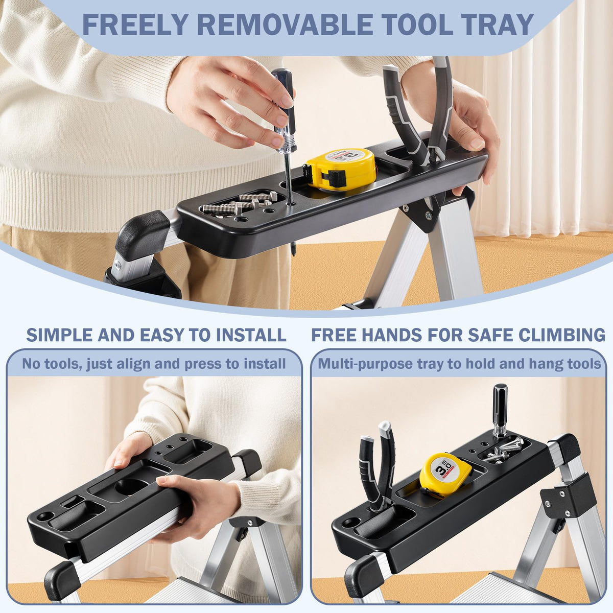 XinSunho 5 Step Ladder, Retractable Handgrip Folding Step Stool with Anti-Slip Wide Pedal, Aluminum Stool Ladders 5 Steps, 330lbs Safety Household Ladder
