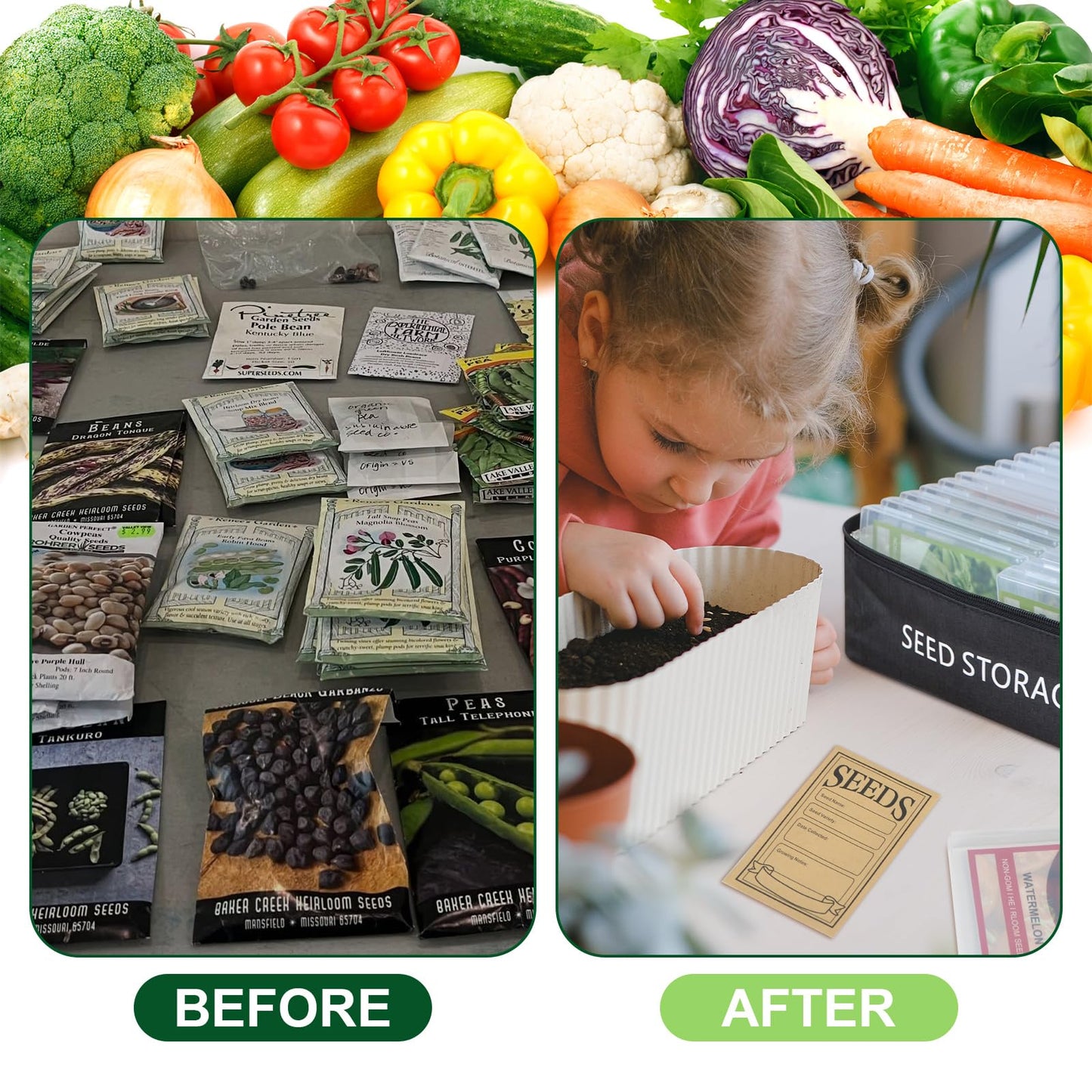 26 Slots Seed Storage Organizer Box with 10 Seed Envelopes, Oxford Cloth Seeds Storage Container with Insulated Bag, Garden Seed Packet Organizer with Label Stickers for Vegetable Flower Plants