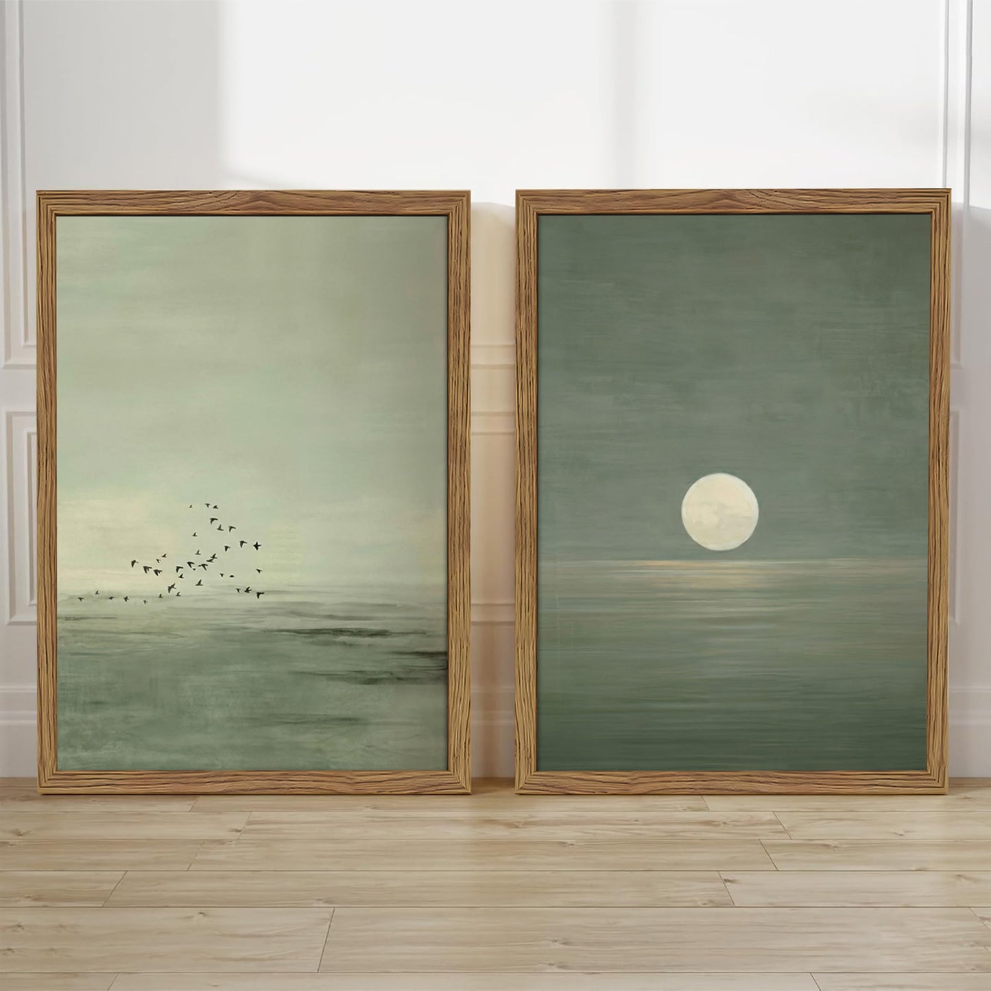 Framed Japanese Zen Wall Art Set of 2, Minimalist Sage Green Flying Duck Canvas Wall Decor Paintings, Modern Sunset Landscape Artwork Prints Picture for Living Room Bedroom Bathroom 12x16 Inch
