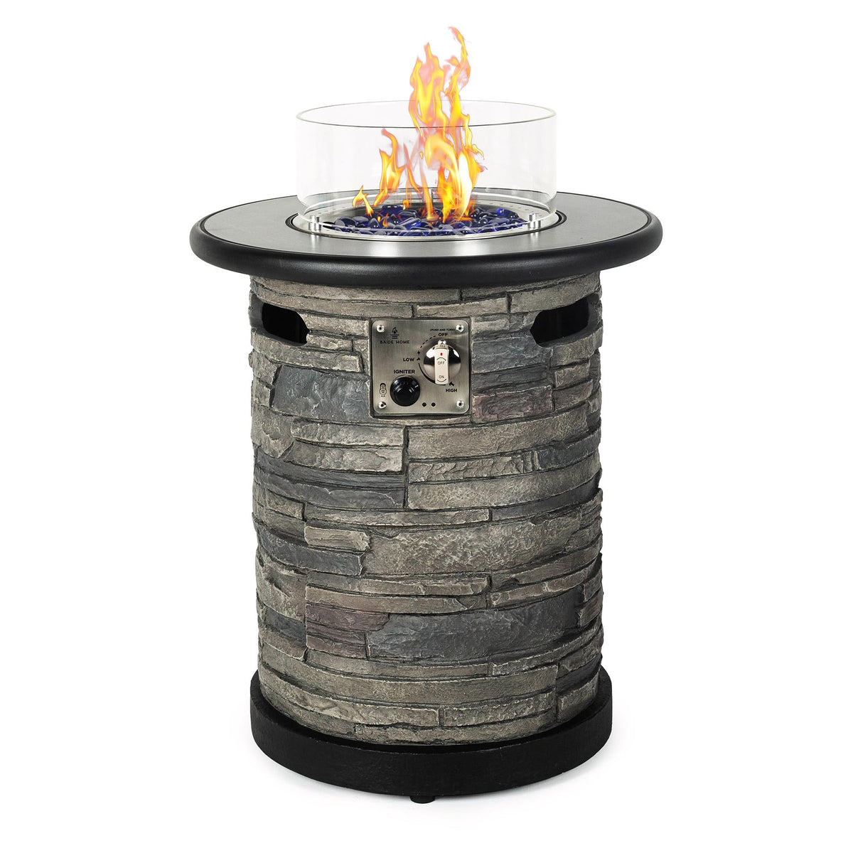 BAIDE HOME Outdoor Propane Fire Pit Table, Round Porcelain Tile Top 22" Fire Bowl Column W/ 40,000 BTU Firepit Table Auto-Ignition 400D Cover Glass Rocks for Outside Patio