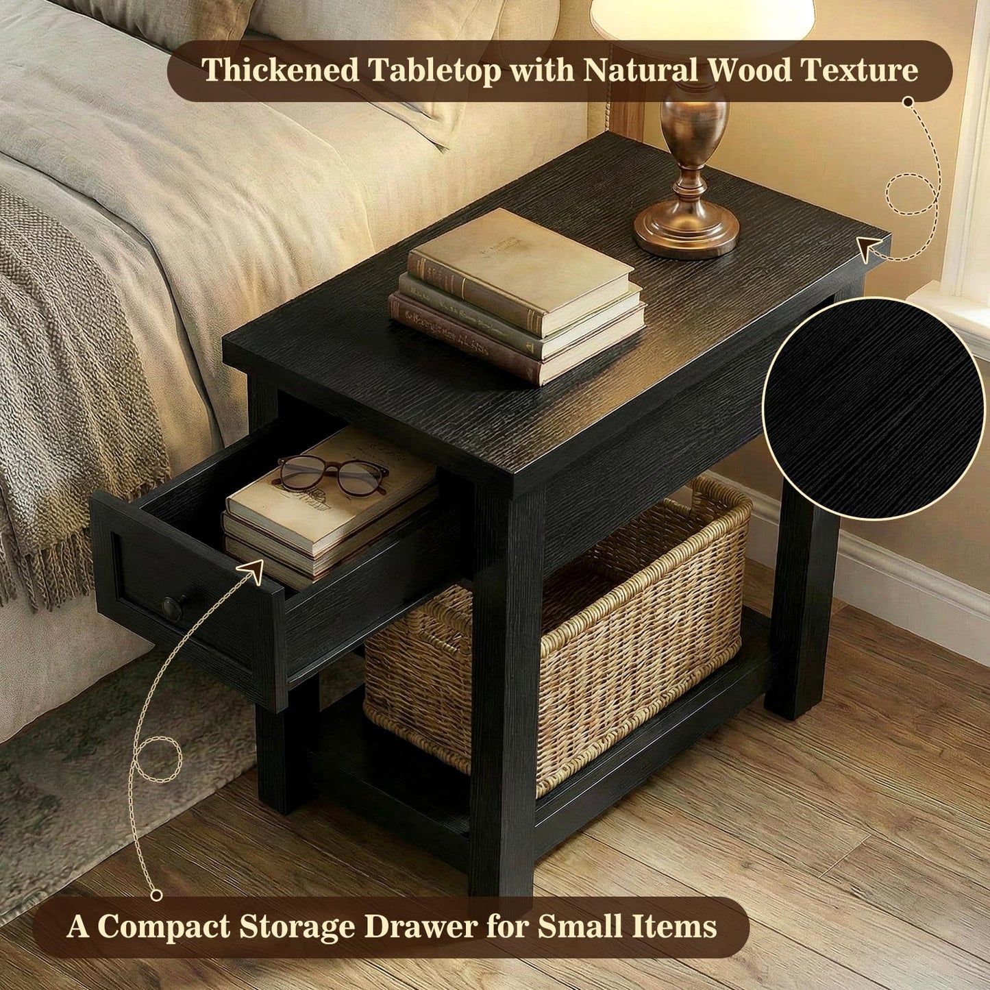 Armocity Narrow End Table with Charging Station - Farmhouse Side Table with Drawer, 14" Wide Wood Nightstand Slim Couch Bedside Table for Living Room Bedroom Small Spaces, Black