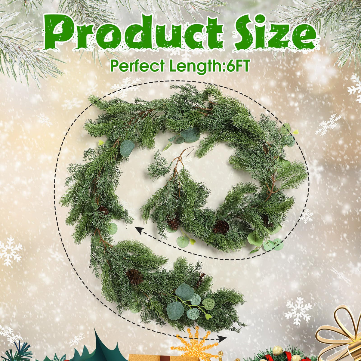 XunYee 6 Feet Christmas Cedar Garland, Realistic Pine Needles Garland with Cones and Eucalyptus Leaves, Artificial Greenery for Mantle, Stair, Doorway, or Xmas Holiday Decoration