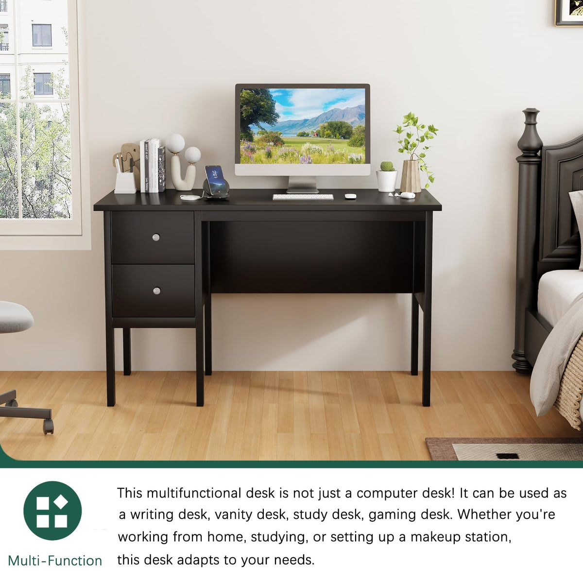 BHG Computer Desk with Drawers,Modern White Home Office Desk with Storage Filing Cabinet, Vanity Desk Makeup Dressing Table for Bedroom,Small Writing Table PC Desks for Study (Black, 43.3")