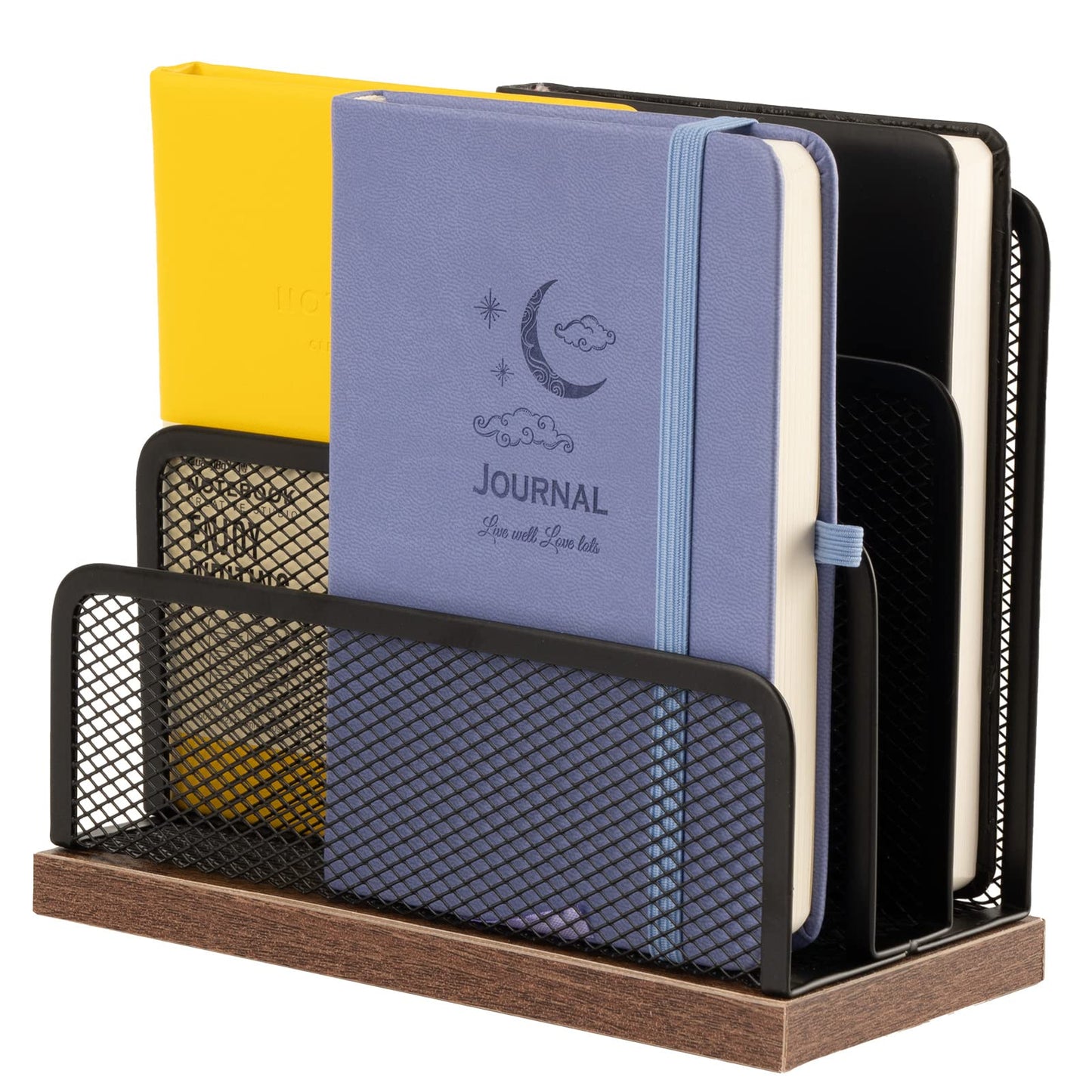 Wooden Desk Mail Organizer, Desktop File Organizer Metal Mesh with 3 Vertical Upright Compartments, Mail Sorter Letter Organizer Rack for Letters, Postcards, Brochures, Mail Holder (2 Pack Black)