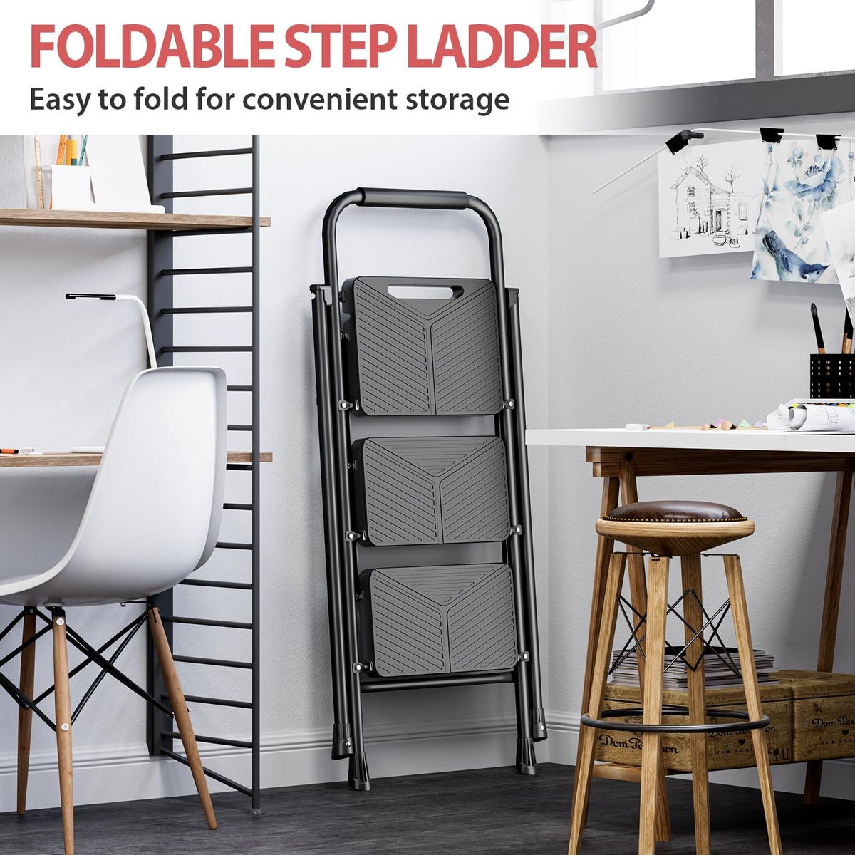 KINGRACK 3 Step Ladder, Folding Step Stool with Safe-Lock Design, 500 lbs Sturdy Steel Ladder with Wide Anti-Slip Pedal, Convenient Handrail for Household and Kitchen, Black
