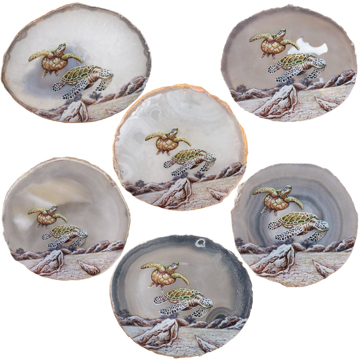 Nupuyai Natural Agate Stone Slice Decor for Home Office, Irregular Geode Agate Painting Artwork with Wooden Stand, Sea Turtle