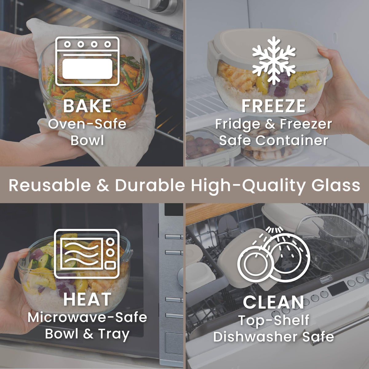 Bentgo Glass Salad Container - 7.6-Cup Salad Bowl with Airtight Lid, Leak-Proof Sauce Container, 4-Compartment Bento Tray & Reusable Fork - BPA-Free for Meal Prep, Office & More (White Stone Tan)