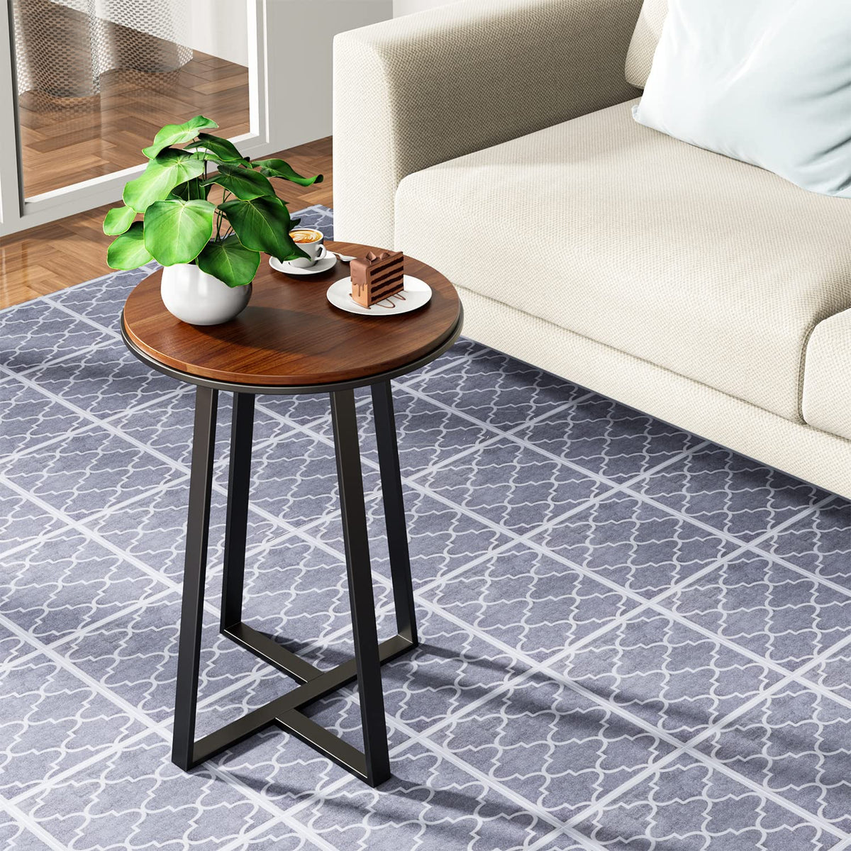 Dorriss Round End Tables, Small Side Table Walnut Color MDF Top, Metal Frame Black, Tall End Table for Bed Room, Coffee Tea End Table for Living Room(Walnut+Black)