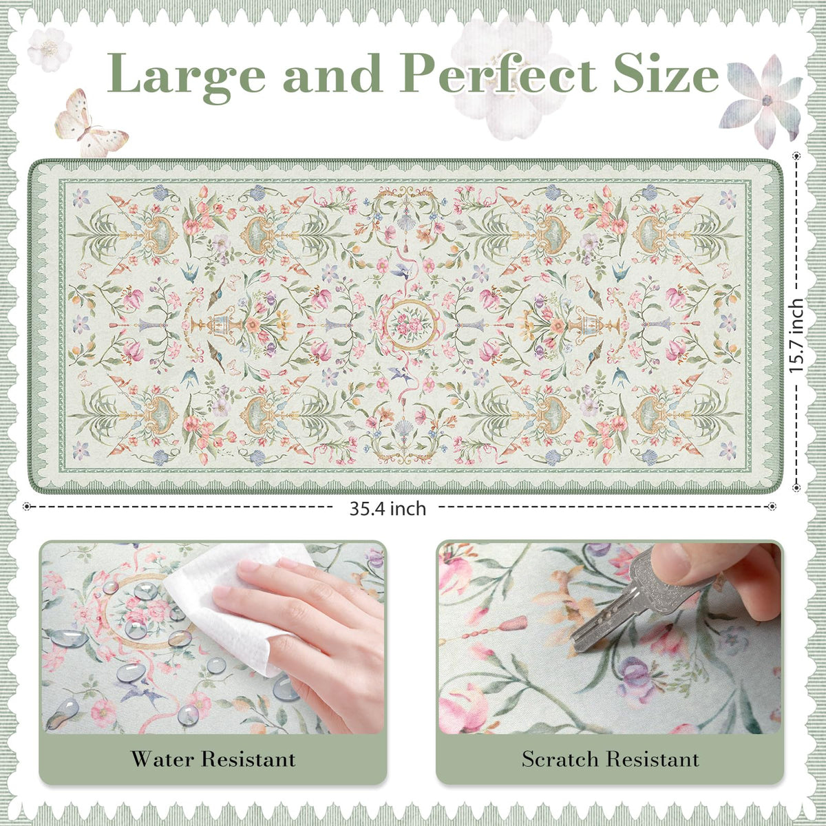 HAOCOO Floral Mouse Pad, 35.4" x 15.7" Waterproof Makeup Mat, Cute Aesthetic Desk Decor Pad, Women Office Keyboard Matt with Stitched Edges, Green Desk Accessories Work for Home