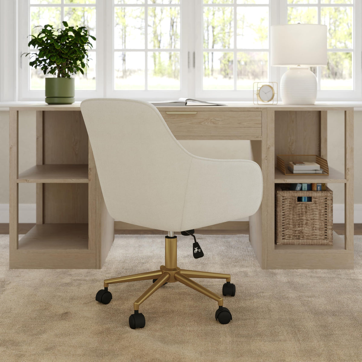 Martha Stewart Rayna Swivel Task Chair with Flared Arms for Home Office in Off White Fabric with Polished Brass Frame