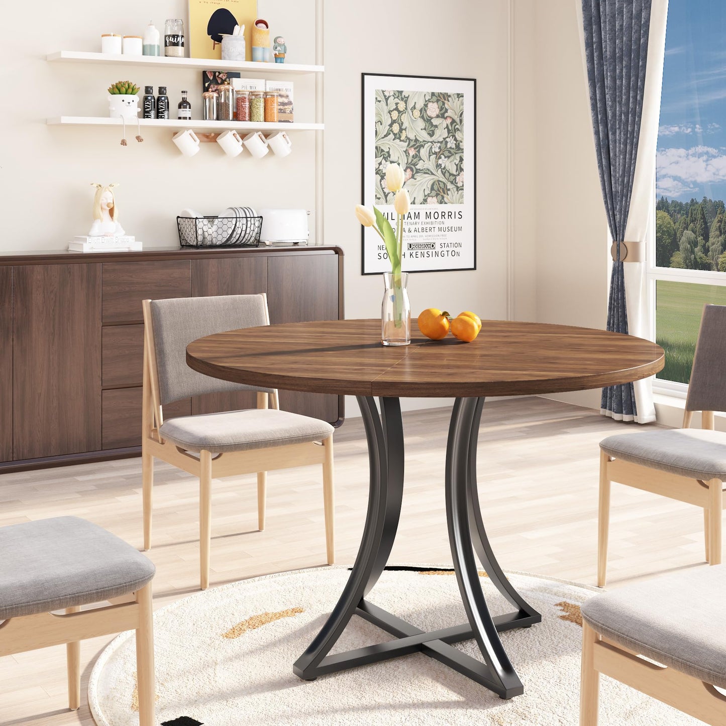 40 Inch Round Dining Table for 4 People, Modern Farmhouse Kitchen Table, Adjustable Feet, Circle Wood Dinner Table for Dining Room, Living Room, Apartment, Easy Assembly