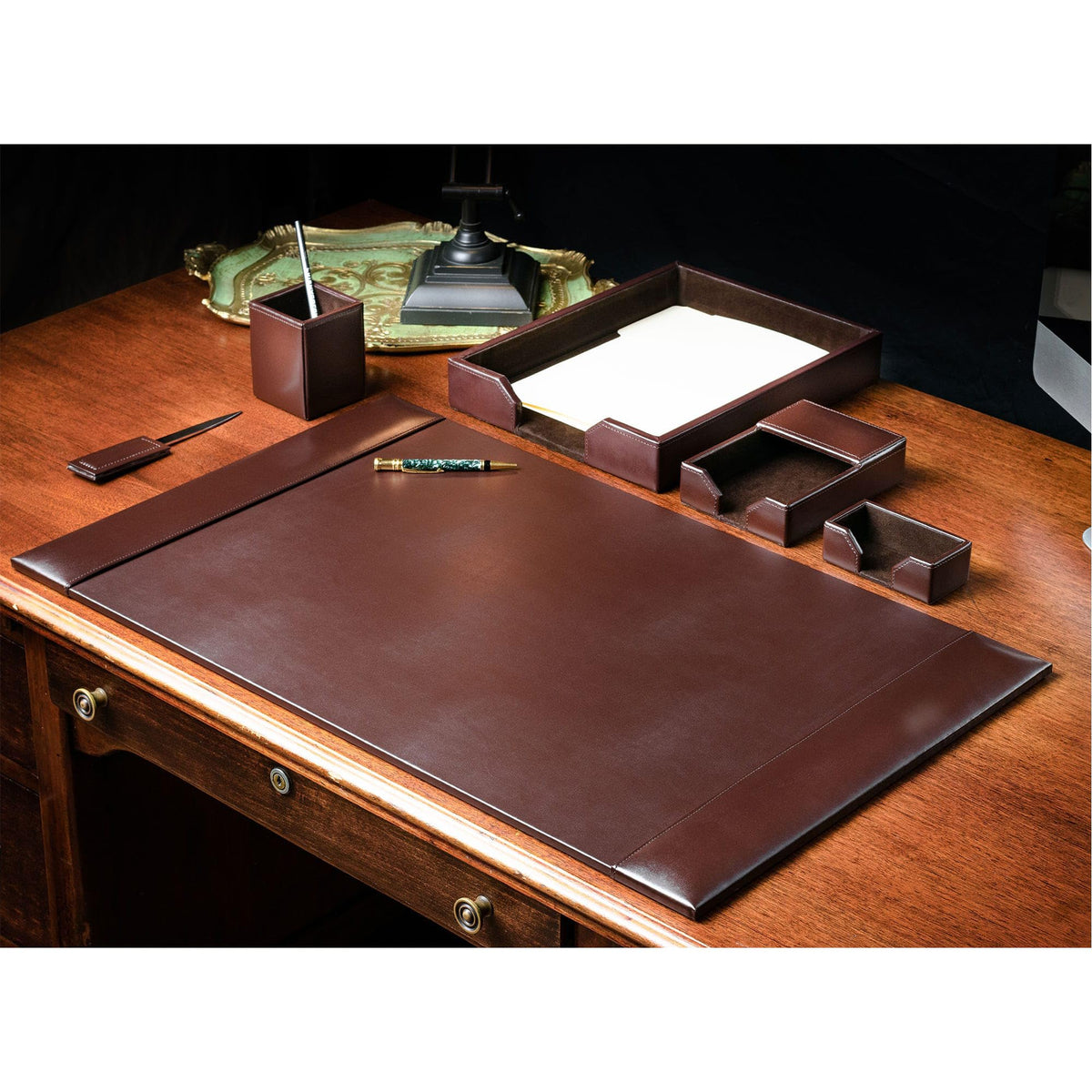 Dacasso Dark Brown Bonded Leather Luxury 6 Piece Desk Set - Blotter Pad & Desk Organization Essentials - Executive Decor and Surface Protector