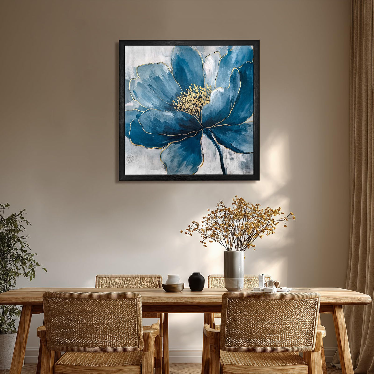 llribbons Framed Flower Wall Art Hand Painted Elegant Blue Peony Floral Canvas Pictures Indigo Gold Painting 3D Textured Prints Artwork for Living Room Bedroom Bathroom Office Home Decor 20" x 20"