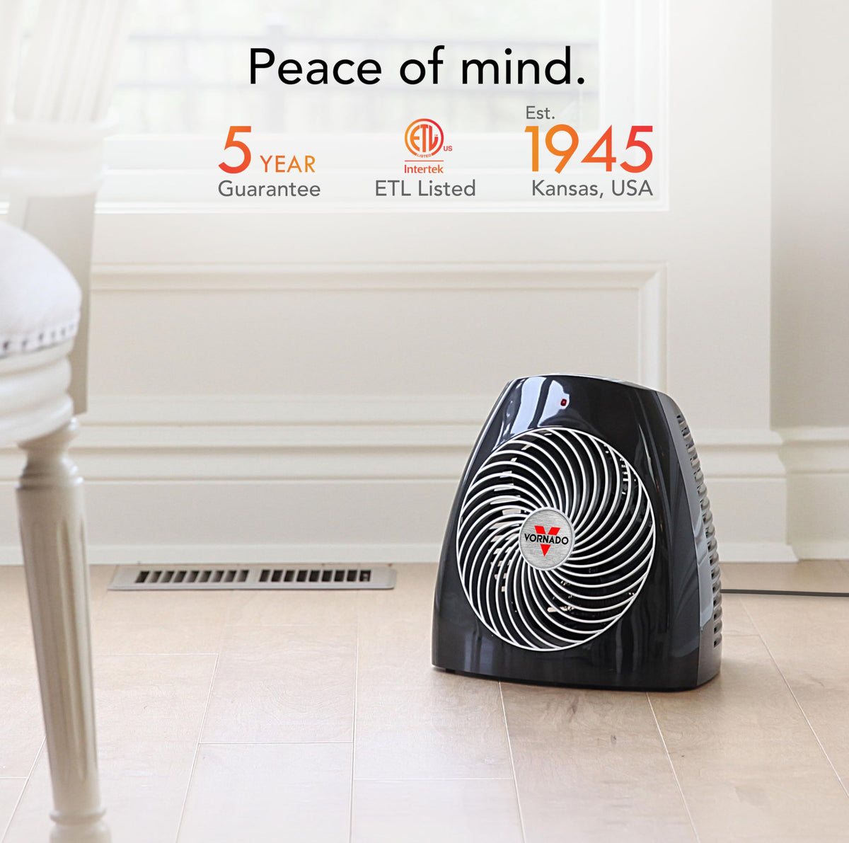 Vornado MVH (2025) Space Heater, 3 Heat Settings, Adjustable Thermostat, Tip-Over Protection, Auto Safety Shut-Off System, Indoor Use, Whole Room Heating, Black