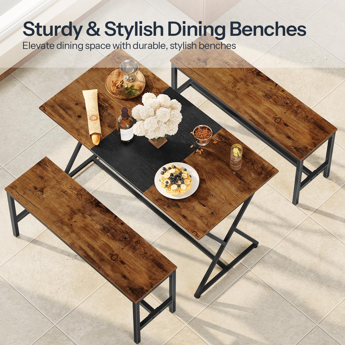 HOOBRO Dining Benches, Pair of 2 Industrial Kitchen Table Benches, Wooden Indoor Benches, Durable and Stable, for Dining Room, Kitchen, Living Room, Bedroom, Rustic Brown BF02CD01