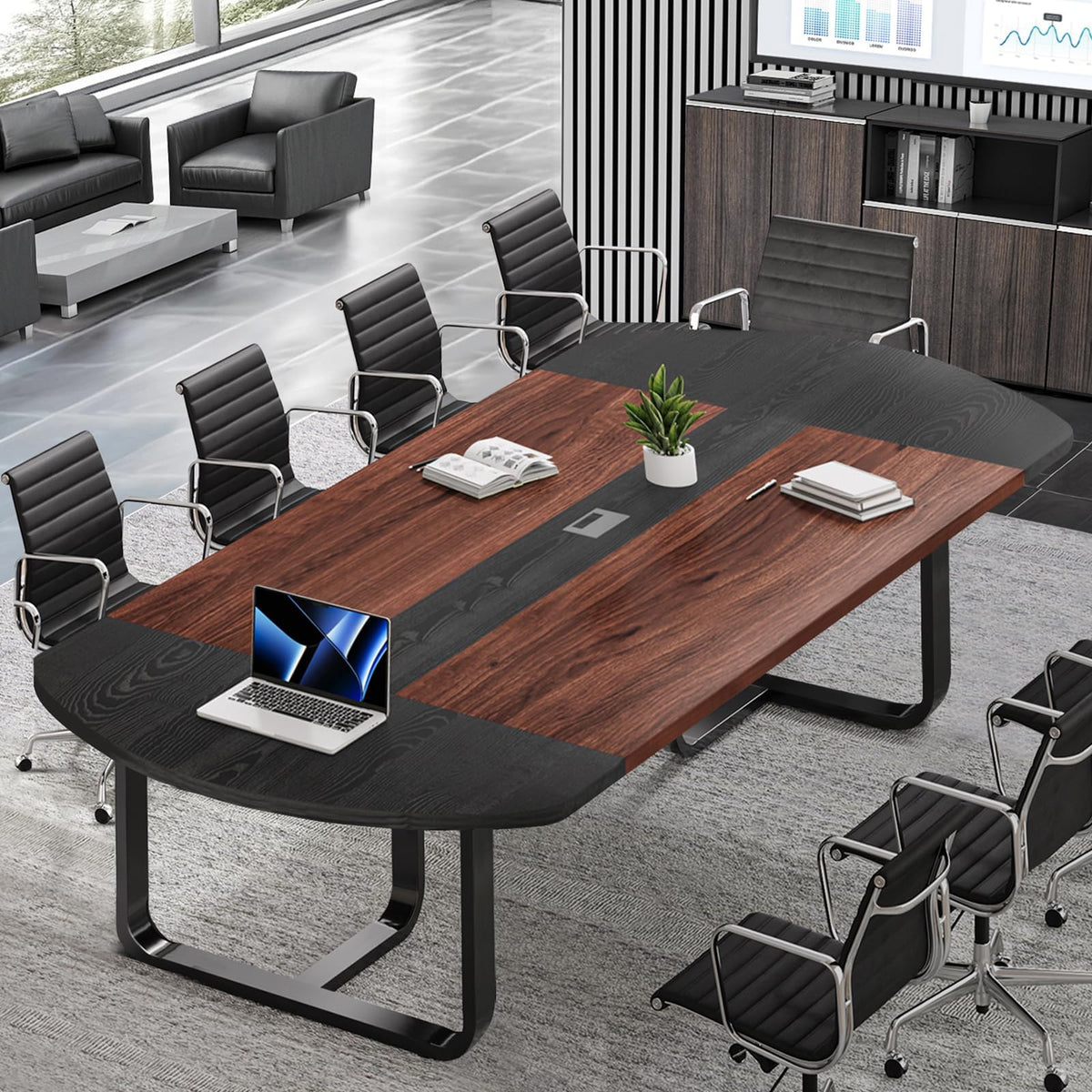 8FT Conference Table, 94.5" D x 47.3" W x 29.5" H Oval Meeting Table with Rectangle Grommet, Modern Seminar Boardroom Table for Office Conference Room (8ft, Walnut & Black)