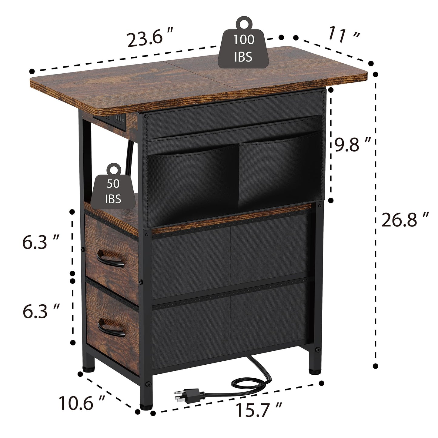 Yenlure Small Side Table with Charging Station, Narrow Nightstand Bedside Tables with Storage Pocket for Living Room Bedroom, Sofa End Table with USB Ports and Power Outlets for Small Spaces