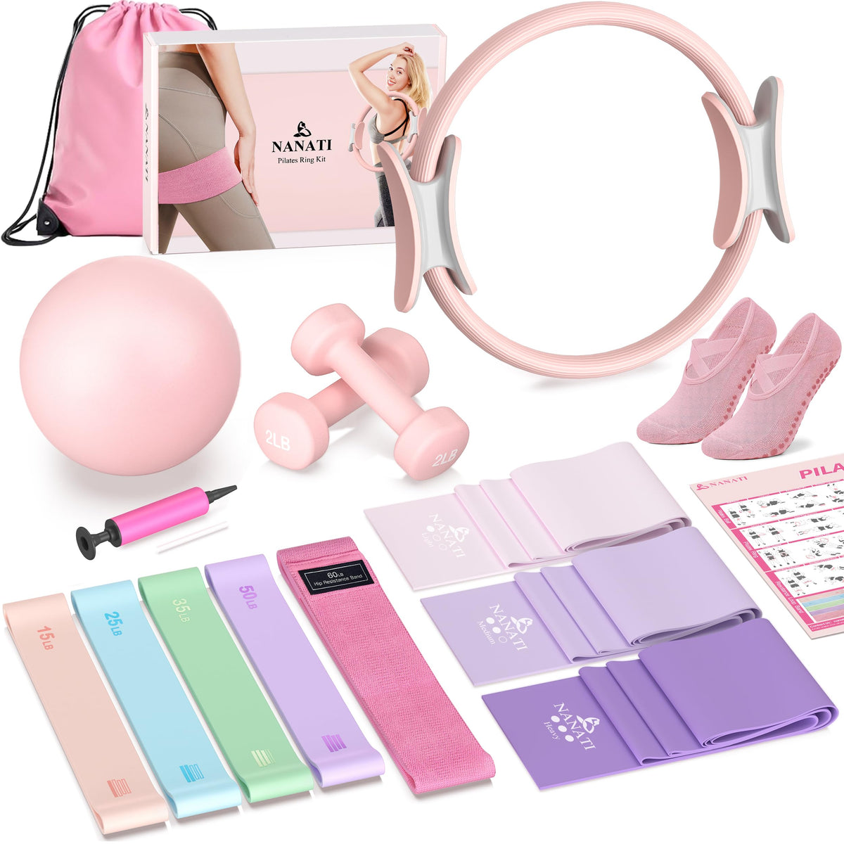 NANATI Pilates Kit 17PCS,Pilates Essential Kit for Women, Pilates Equipment with 14.5" Pilates Ring and Ball,8 Resistance Bands,Dumbbells & Grip Socks Accessories, Home Pilates Workout Kit for Starter