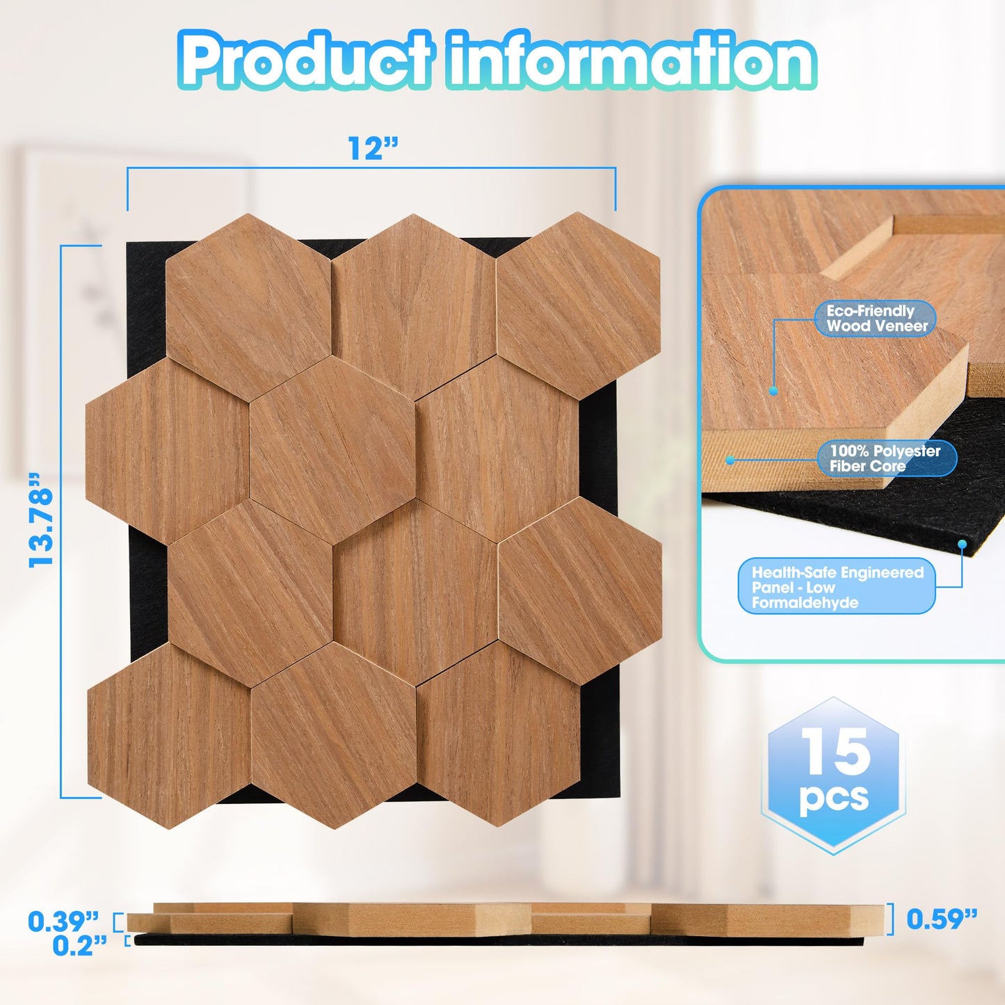 Wood Panels for Wall Hexagon, 15PCS 13.78" x 12" (17.2ft²) Acoustic Wall Panels, Wood Slat Wall Panel for Interior Wall Decor, Living Room, Bedroom, Office, Chestnut Walnut Sound Proof Wall Panels