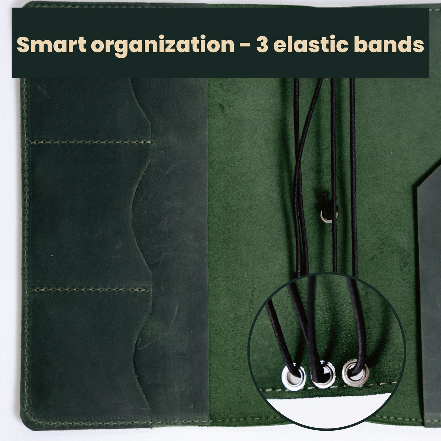 OMBUO Full-Grain Leather A5 Journal Cover – Refillable Traveler’s Notebook Case with 3 Elastic Bands, Pen Loop & Card Pockets – Fits A5/Half-Letter Inserts (Paper Not Included), Green