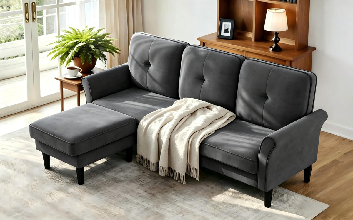 Welzona Sofas for Living Room, 83" Velvet Sectional Couch with Moveable Ottoman, Midcentury Modern Small Sectional Couch, L Shape Sofa & 3 Seater, Couches for Living Room, Apartment, Bedroom, Grey