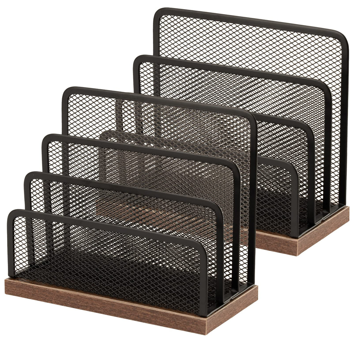 Wooden Desk Mail Organizer, Desktop File Organizer Metal Mesh with 3 Vertical Upright Compartments, Mail Sorter Letter Organizer Rack for Letters, Postcards, Brochures, Mail Holder (2 Pack Black)