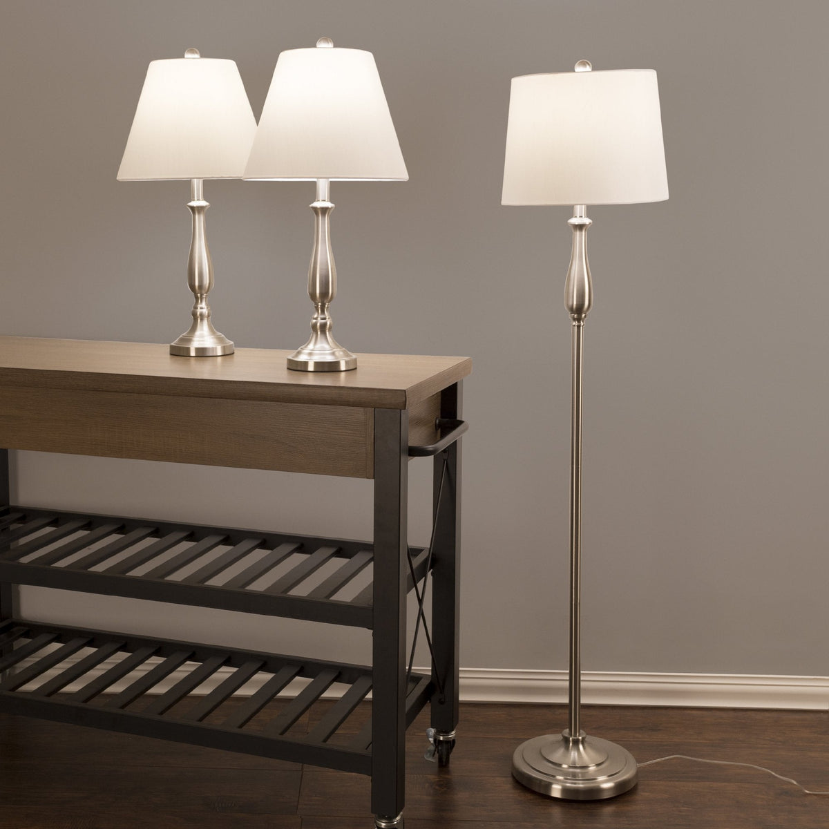 Lavish Home 3-Piece Home Lighting Set - Coordinating Bundle with 2 Table Lamps and 1 Floor Lamp for Home and Office Decor (Silver)