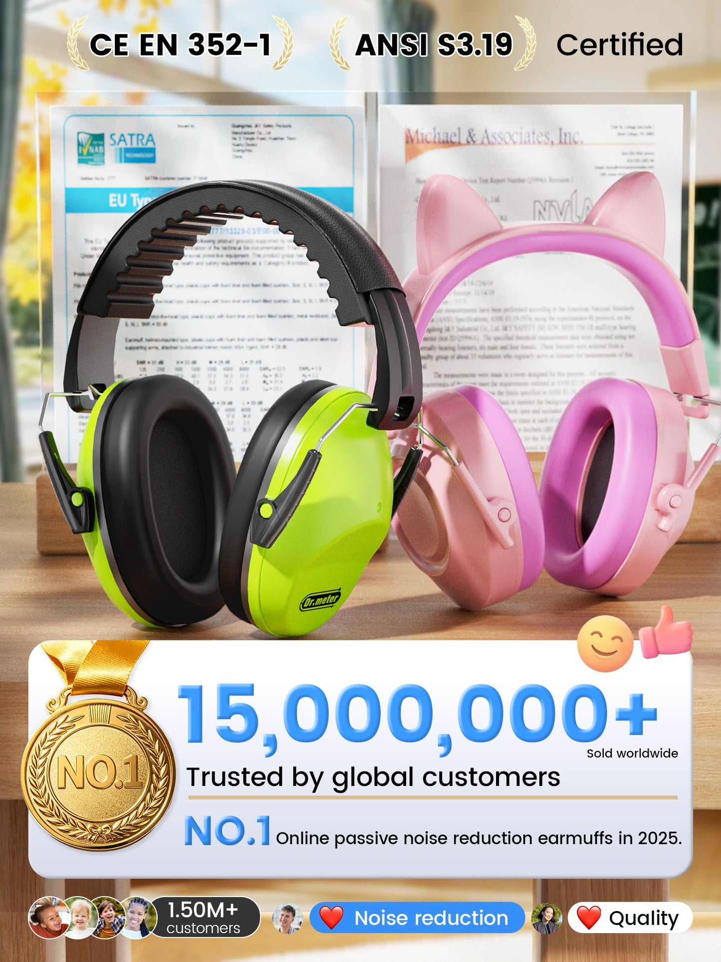 Dr.meter Ear Muffs for Noise Reduction: 27.4SNR Noise Cancelling Headphones for Kids Adults, EM100 Adjustable Hearing Protection Earmuffs for Monster Jam, Autism Sensory, Concerts, Fireworks