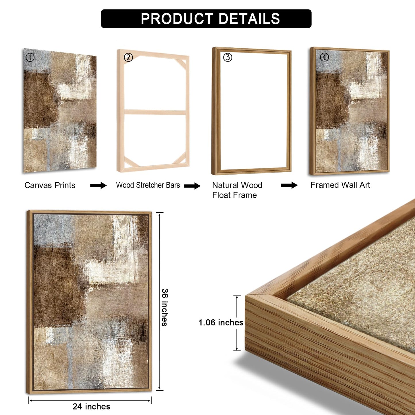 Large Abstract Framed Wall Art - Natural Float Framed Canvas Pictures Wall Art Prints for Living Room Decor Rustic Artwork Brown for Bedroom Kitchen Home Office Decoration 72" X 36" Set of 3