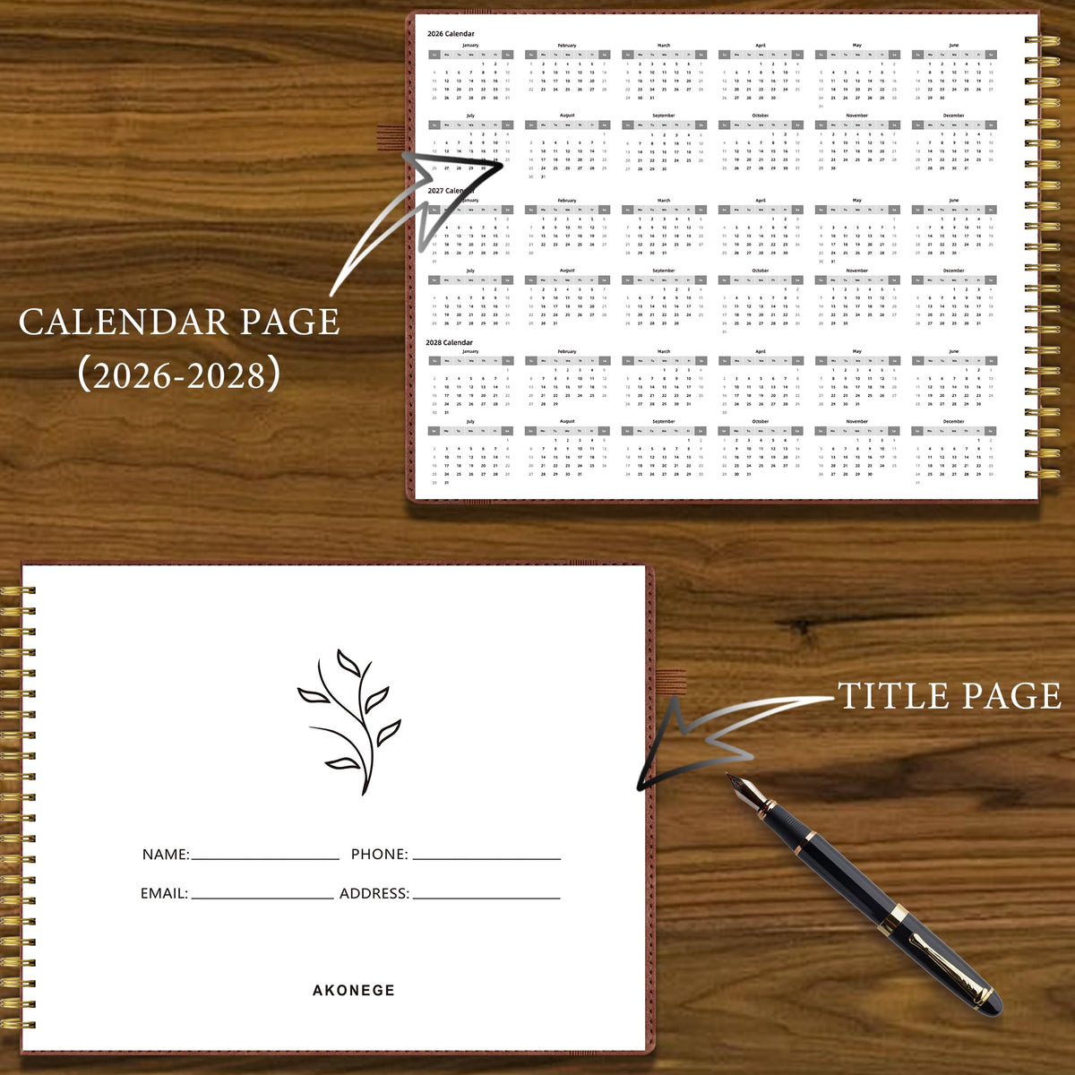 AKONEGE Accounting Ledger Book for Personal & Small Business Bookkeeping, Horizontal Income and Expense Tracker Notebook with Calendar, Hardcover Columnar Log Journal 10.78'' x 8'', Brown