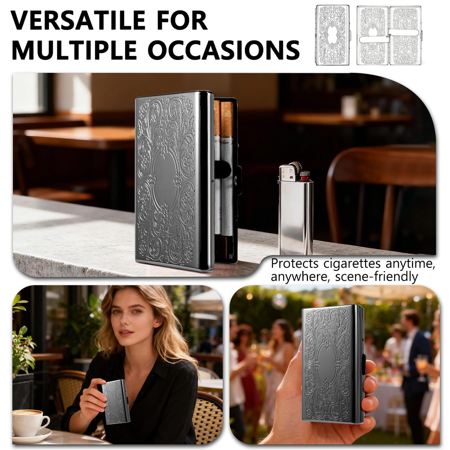 Classic Vintage Metal Women's and Men's Portable Cigarette Case, RFID Credit Card Wallet. (Figure Black, 12pcs 100mm)