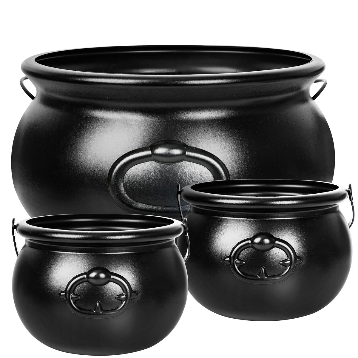 3PCS Cauldron Halloween Decor, 12.6" and 7.68" Halloween Bucket Witch Cauldron, Plastic Black Candy Holder Pot Spooky Punch Bowl for Halloween Decorations Trick or Treat St Patrick's Day Party Favors
