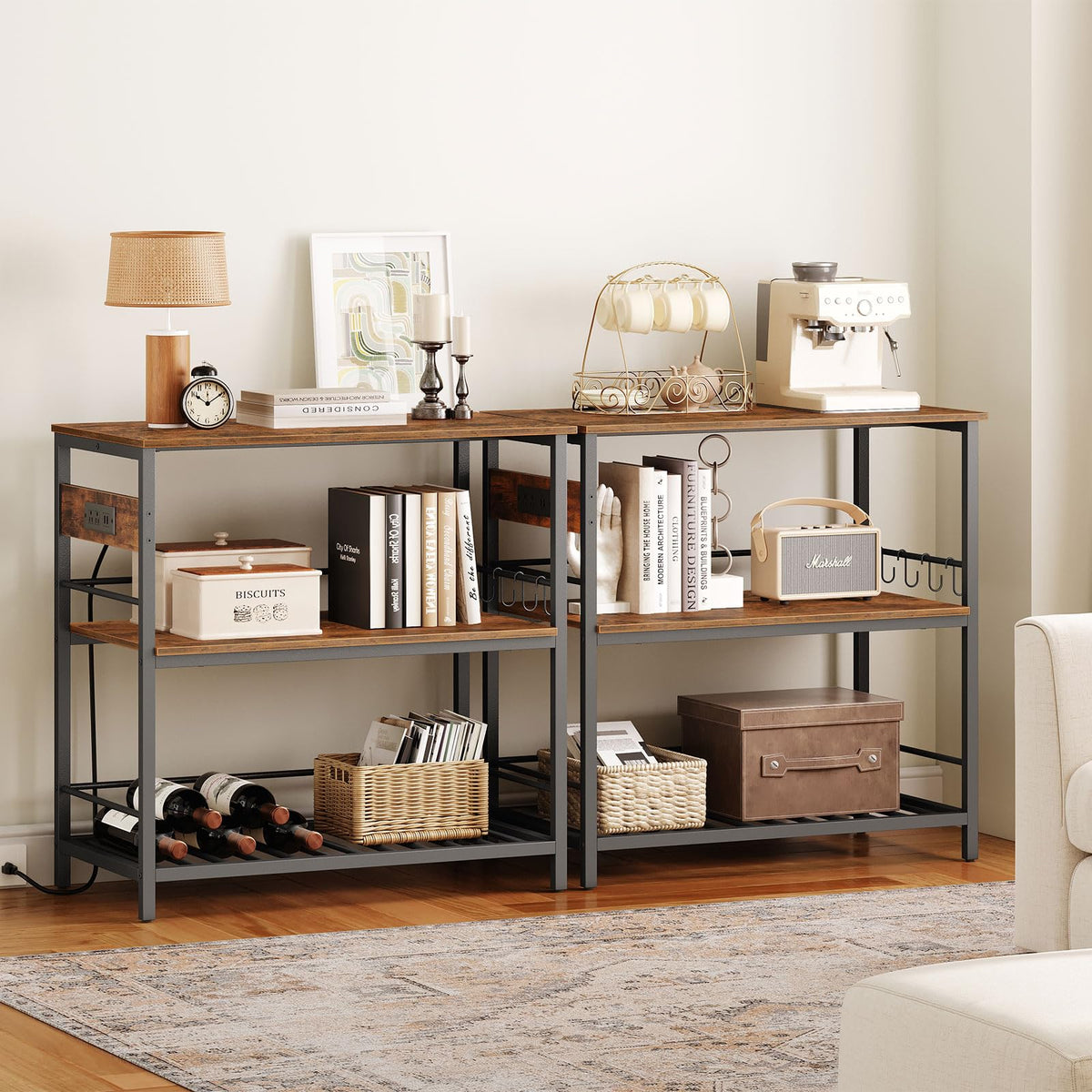 HOOBRO Kitchen Island with Storage, Kitchen Island Table with Power Outlet, 47.2" L 3 Tier Kitchen Counter and Microwave Stand, for Home, Kitchen and Dining Room, Rustic Brown and Black BF120UZD01