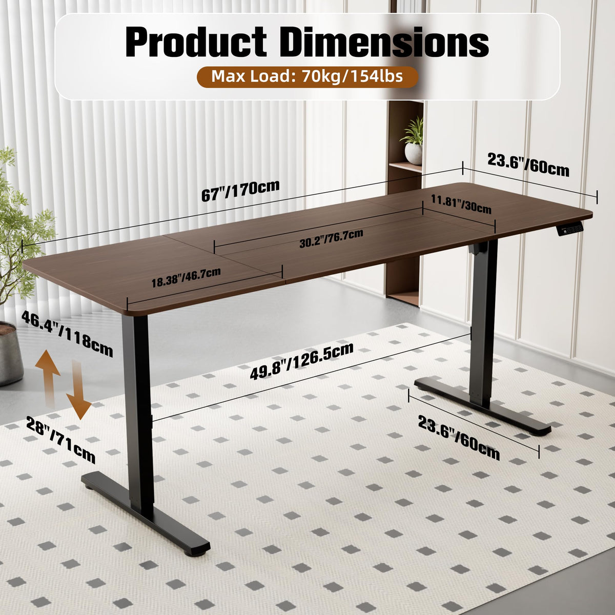 ERGOMAKER Electric Standing Desk, 67" x 23.6" Height Adjustable Sit Stand Desk with Splice Board for Home Office, Computer Desk Memory Preset (Black Frame, Walnut Desktop)