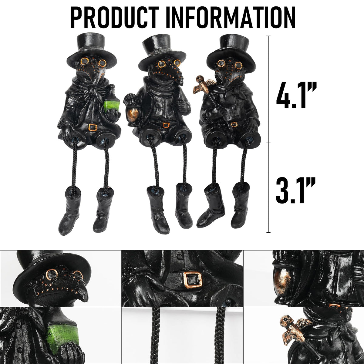 Dazzle Bright 3 Pcs Halloween Plague Doctor with Dangling Legs Figurines Decoration, Resin Gothic Scary Crow Table Fireplace Shelf Sitting Figurines Party Ornament Gifts for Indoor Home Decor