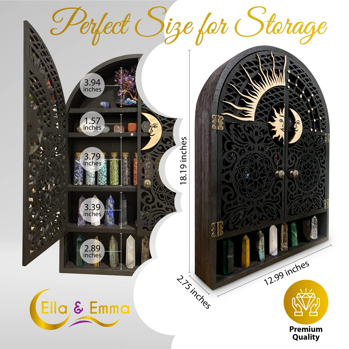 Ella & Emma Sun & Moon Wall Shelf – 5-Tier Hardwood Crystal Display Cabinet for Stones, Essential Oils, Nail Polish – Witchy/Boho Moon Phase Home Decor