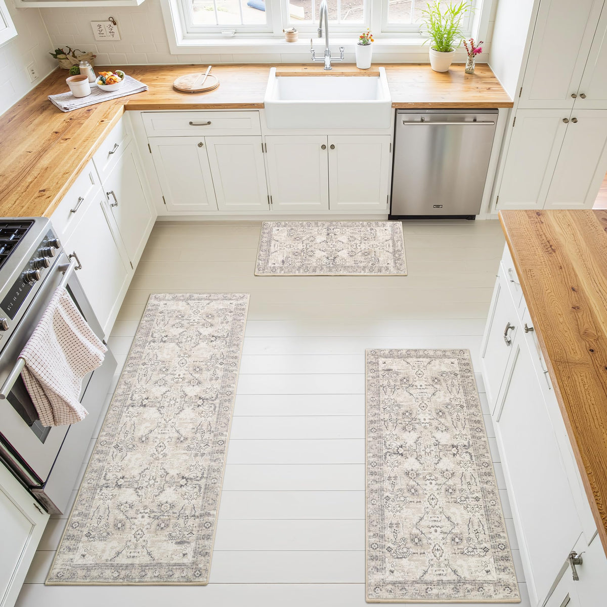 GRANNY SAYS Boho Kitchen Rug Sets of 3, Non Slip Washable Faux Wool Kitchen Mats for Floor, Thick Soft Anti-Fatigue Comfort Standing Mat Runner Rugs for Hallway Laundry Room, Beige