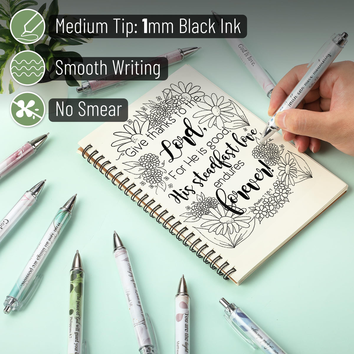 Mr. Pen- Christian Pen Set, 50 Pack, Floral, Black Ink, Bible Verse Pens Bulk, for Women Men