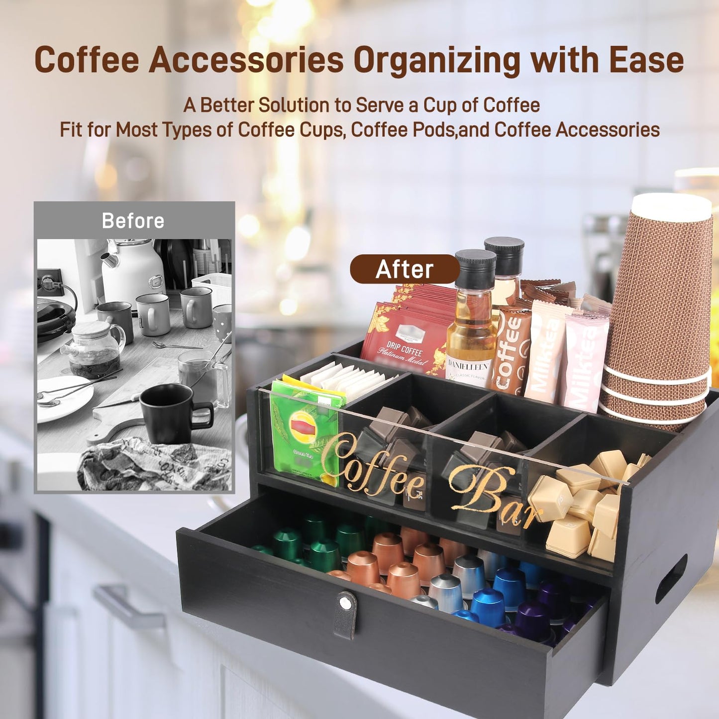 Intarsio 2-Tier Coffee Bar Organizer with Clear Acrylic Top, Built-in Drawer and Leather Handle Pull for Countertop, Stylish Coffee Station Storage Box for Accessories, Pods, Great Gifts for Home