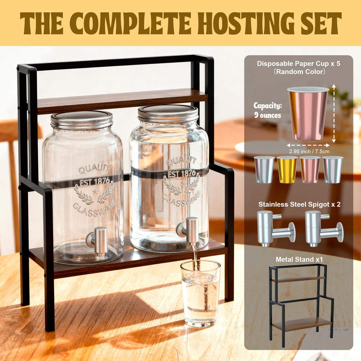 2PCS 1.5 Gallon Drink Dispenser - Glass Beverage Dispenser With Wood Stand and Leakproof Stainless Steel Spigot, Large Drink Dispenser for Parties, Lemonade, Iced Tea, Laundry Detergent Container